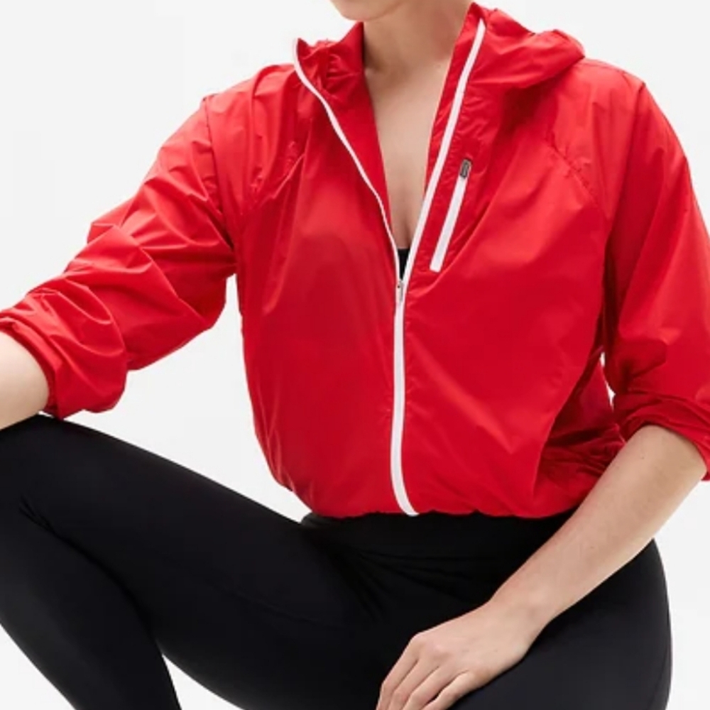 Athleta Back Route Cardinal Red Lightweight Packable Jacket, XL.